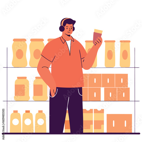 A man wearing headphones shops for groceries examining a product on a shelf in a brightly lit supermarket aisle