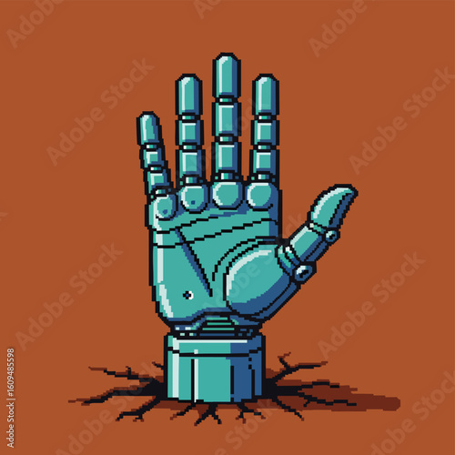 Vibrant Pixel Art Robotic Hand Emerging from Cracked Surface.