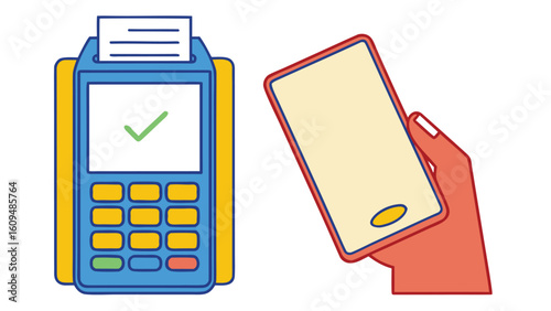 Mobile Payment Illustration Featuring a Hand Holding a Smartphone Next to a Card Payment Terminal Vector Image