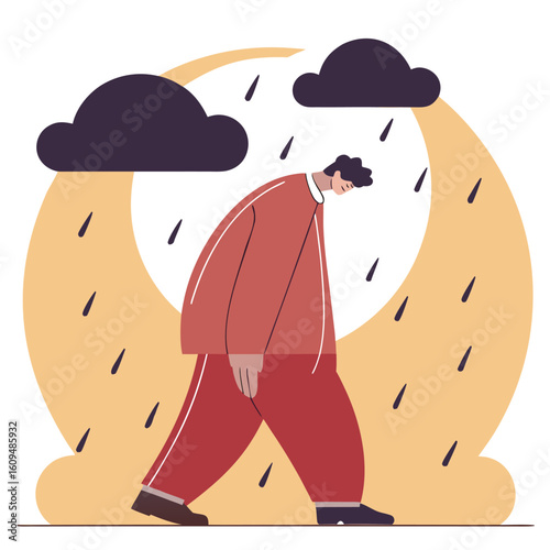 A lone figure walks with head down under dark clouds and falling rain symbolizing sadness and difficult times
