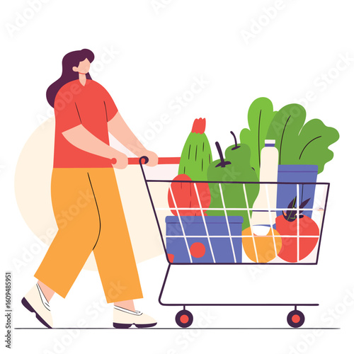 A person with dark hair wearing an orange shirt and yellow pants pushes a full grocery cart filled with fresh produce and dairy products