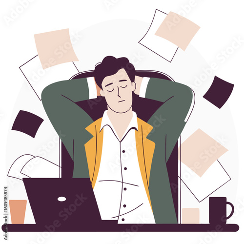 A tired businessman relaxes in his chair with his hands behind his head surrounded by scattered papers and a laptop