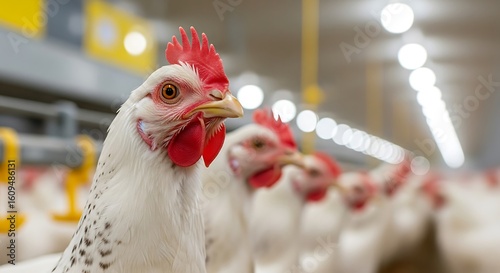 Close up of white chicken head with red comb and wattles in farm poultry bird