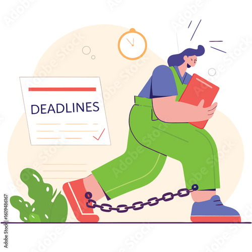 Overwhelmed person chained to deadlines struggles to complete tasks under pressure with a ticking clock overhead