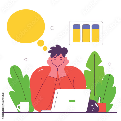 A person sits at a desk with a laptop looking bored and thoughtful surrounded by plants and a coffee cup
