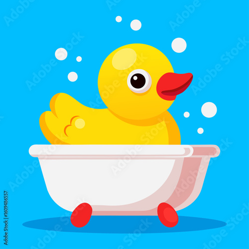 Cute yellow rubber duck floating in a bathtub with bubbles