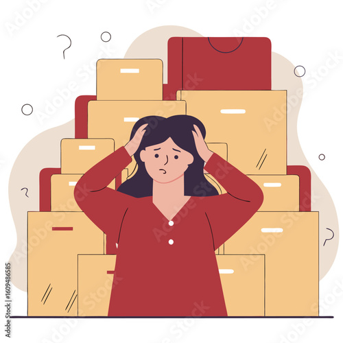 Overwhelmed woman with hands on head surrounded by a large stack of cardboard boxes symbolizing stress and difficult tasks