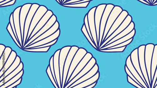 Seamless Pattern of Stylized Sea Shells on a Blue Background Creating a Summery Beach Vibe and Coastal Aesthetic