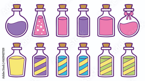 Set of Cartoon Magical Potion Bottles with Different Shapes and Colors for Fantasy Themes and Creative Design Projects