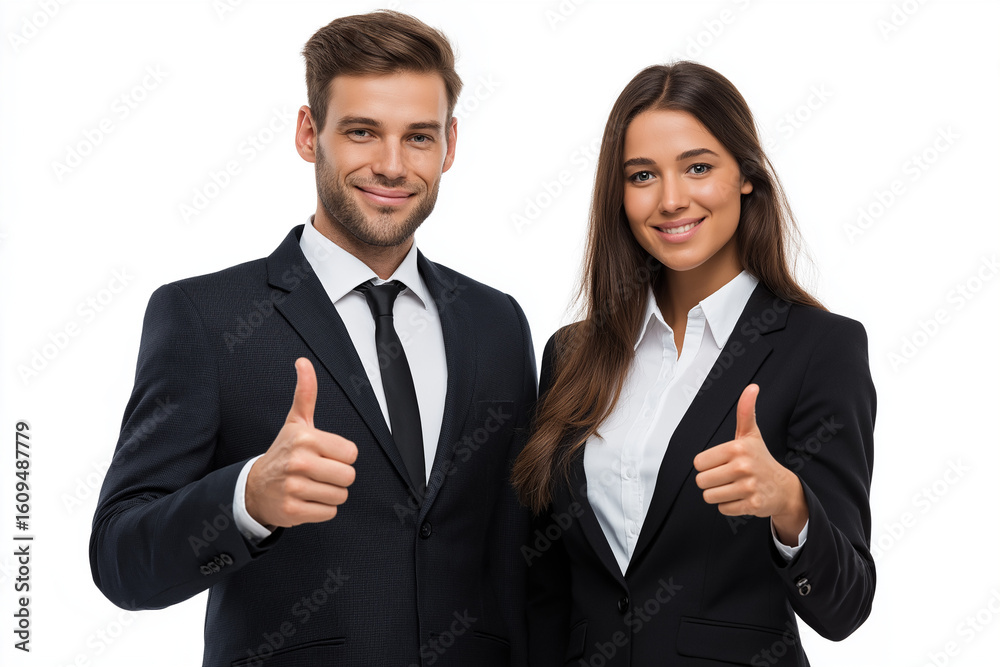 Business partners in formal suits smiling and giving thumbs up, symbolizing success, teamwork, and trust in professional collaboration. Isolated on white background Business partners in formal suits smiling and giving thumbs up, symbolizing success, teamwork, and trust in professional collaboration. Isolated on white background