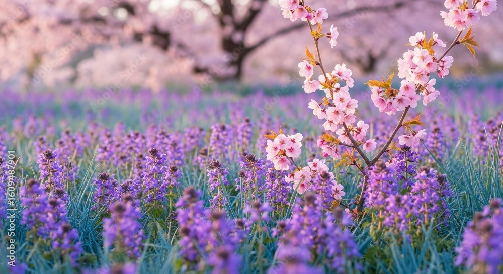 Obraz premium Spring Blossom and Lavender Field - Pink cherry blossoms and purple lavender flowers in a picturesque field. Beautiful spring nature scene