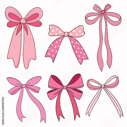 Pink ribbon bows with polka dots and flowing tails vector