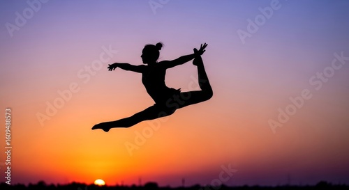 Wallpaper Mural Silhouette of Grace: Aerial Trampoline at Sunset - A graceful gymnast leaps, symbolizing freedom, athleticism, strength, balance, and sunset's beauty Torontodigital.ca