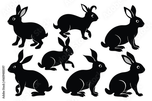 Collection of seven black rabbit silhouettes in various poses