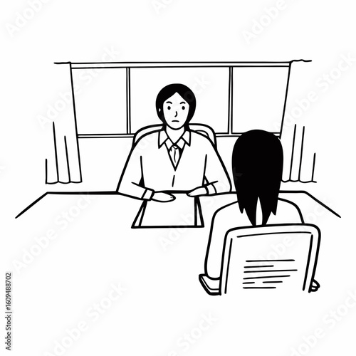 Line art of a human resources officer interviewing a job candidate across a desk, resume document visible, office background, clean black and white outline