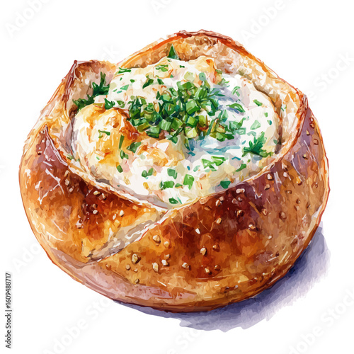 Chowder Bread Bowl, watercolor painting, vector illustration, isolated on a white background.