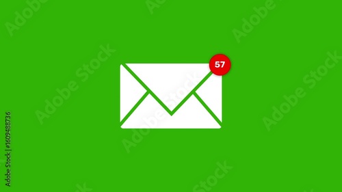 Message Alert Email Notification Icon Animation with Counter Increasing 0 to 100 Green Screen. 4K Resolution