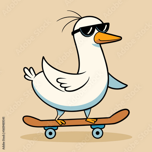 Cool goose riding a skateboard with sunglasses
