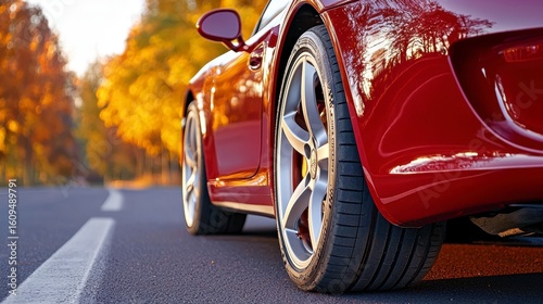 Red Sports Car on Autumn Road