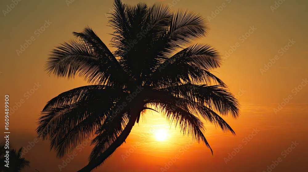 Obraz premium A silhouette of a palm tree against an orange sunset sky, creating an atmospheric and romantic scene with warm hues and natural beauty.