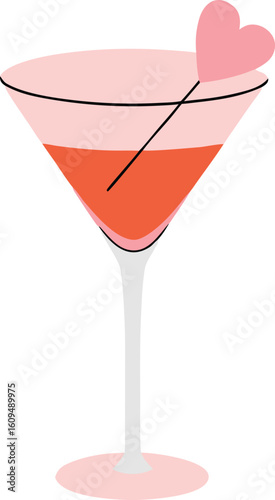 Pink cocktail with heart garnish drink glass