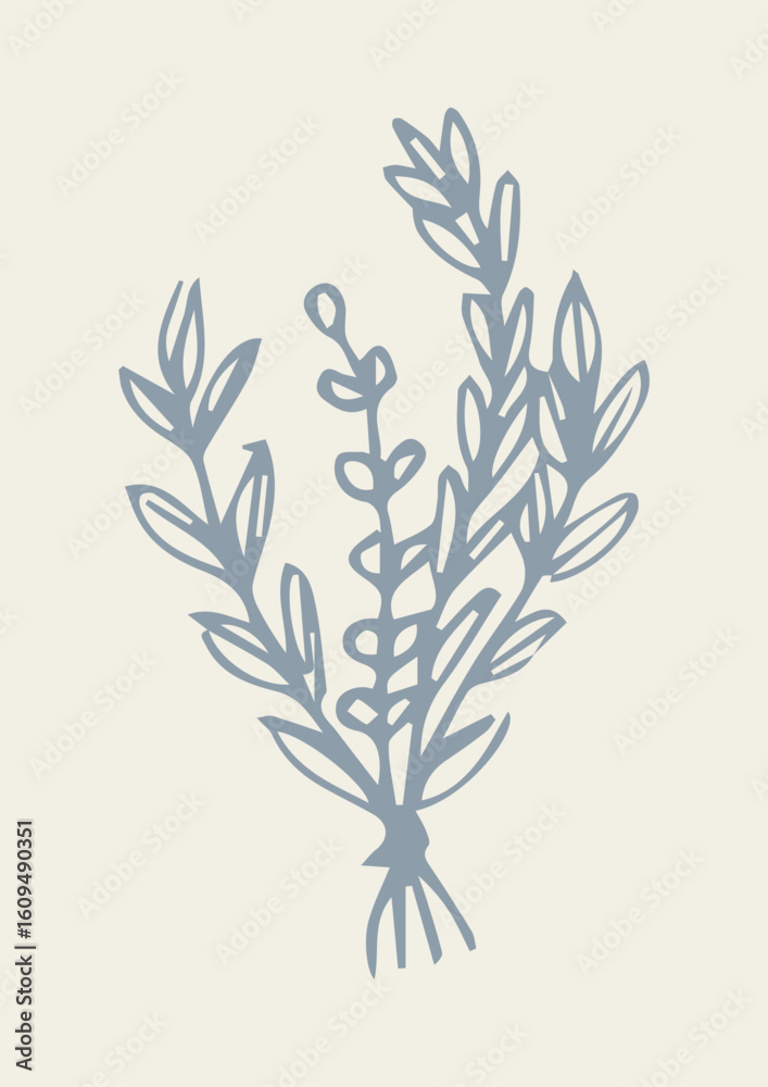 Fototapeta premium Hand Draw Doodle Lavender bouquet Nature Leaves branch