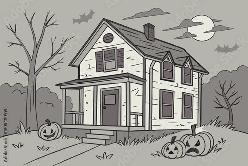 Abandoned House with Broken Windows and Pumpkins vector illustration