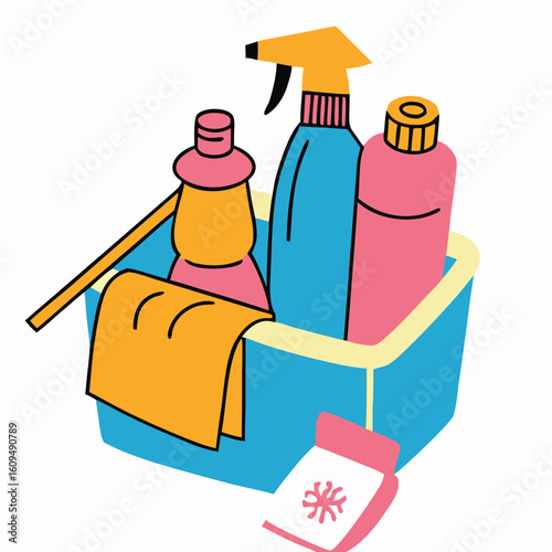 Colorful cleaning supplies in a blue tub with a cloth and powder bottles spray