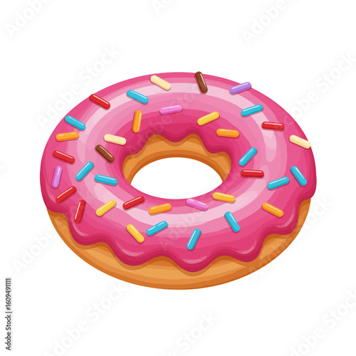 Indulge in the sweet delight of a classic pink frosted donut with rainbow sprinkles for a sugary treat