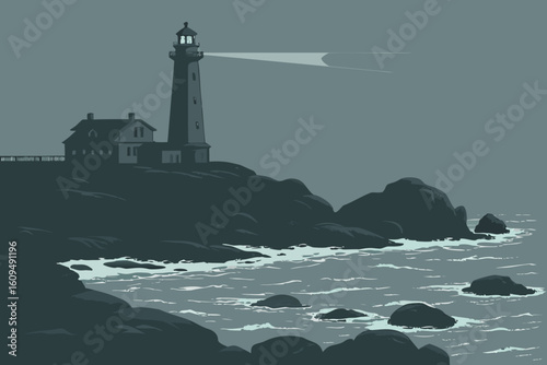 Dark Ocean with Haunted Lighthouse and Fog vector illustration