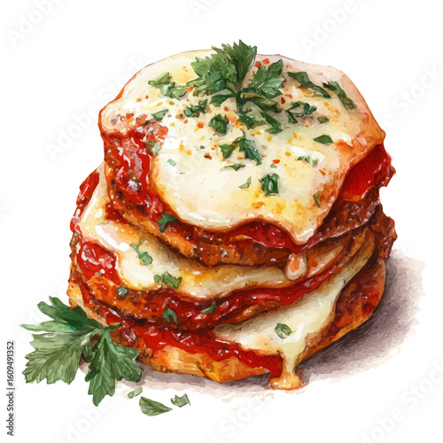 A watercolor painting of Chicken Parmigiana, vector illustration on white background.