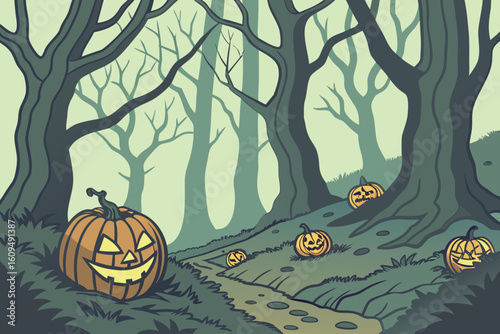 Grinning Pumpkins in a Magical Dark Forest vector illustration