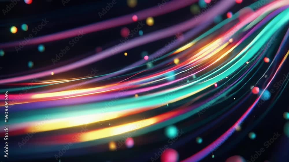 Vibrant multicolor light streaks flowing liquid aurora deep black void glitch sparks digital static trails, neon magenta, cyan, gold. 1980s synthwave film grain, retro VHS lens flares, cinematic dream
