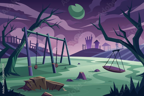 Haunted Playground with Broken Swings vector illustration
