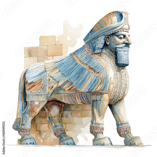 Watercolor vector illustration of Lamassu, isolated on white background.