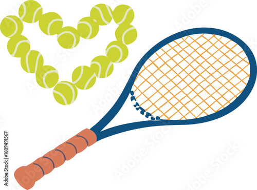 Tennis balls heart shape beside racket vector