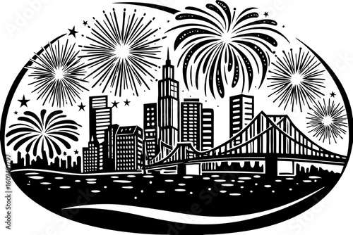 New Year Skyline with Spotlights Glitter and Fireworks vector illustration