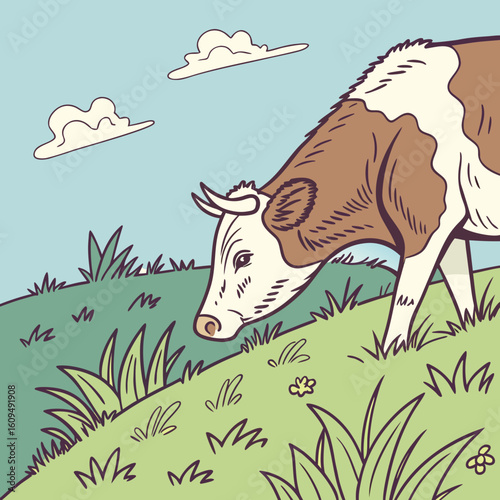 Brown and white cow grazing on a grassy hill under a blue sky
