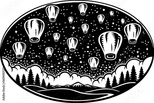 Spooky Night Sky with Flying Paper Lanterns vector illustration