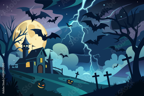 Stormy Halloween Night with Flying Bats vector illustration