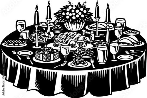 Top Down View of a Festive Dinner Table for New Year vector illustration