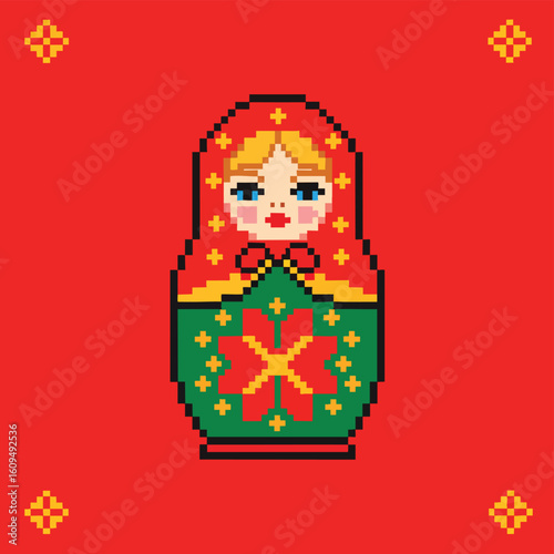 Pixel Art Matryoshka Doll with Traditional Russian Folk Design.