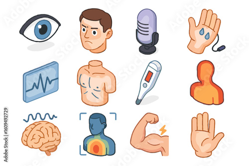 Medical and health icons including heartbeat, microphone, brain, thermometer
