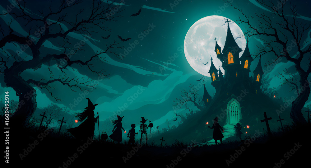 Spooky Halloween Scene with Silhouetted Characters at Haunted Mansion Under Full Moon Spooky Halloween Scene with Silhouetted Characters at Haunted Mansion Under Full Moon