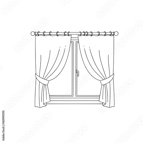 Elegant window curtains drawn open to reveal a modern window frame for home interior design.
