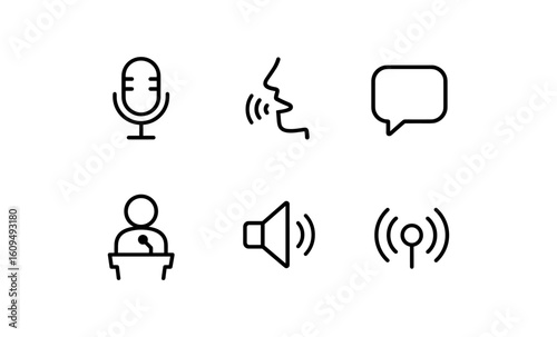 Minimalist communication icons: microphone, speech, sound, dialogue, broadcast