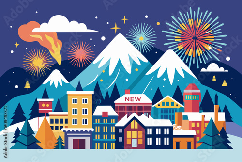 Fireworks Over a Snowy Mountain Town Celebrating New Year vector illustration