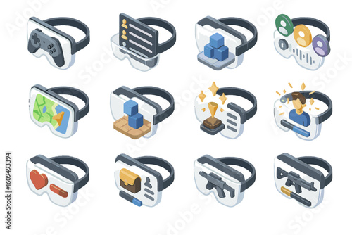 Virtual reality icons set: gaming, social, education, shopping, heart, trophy