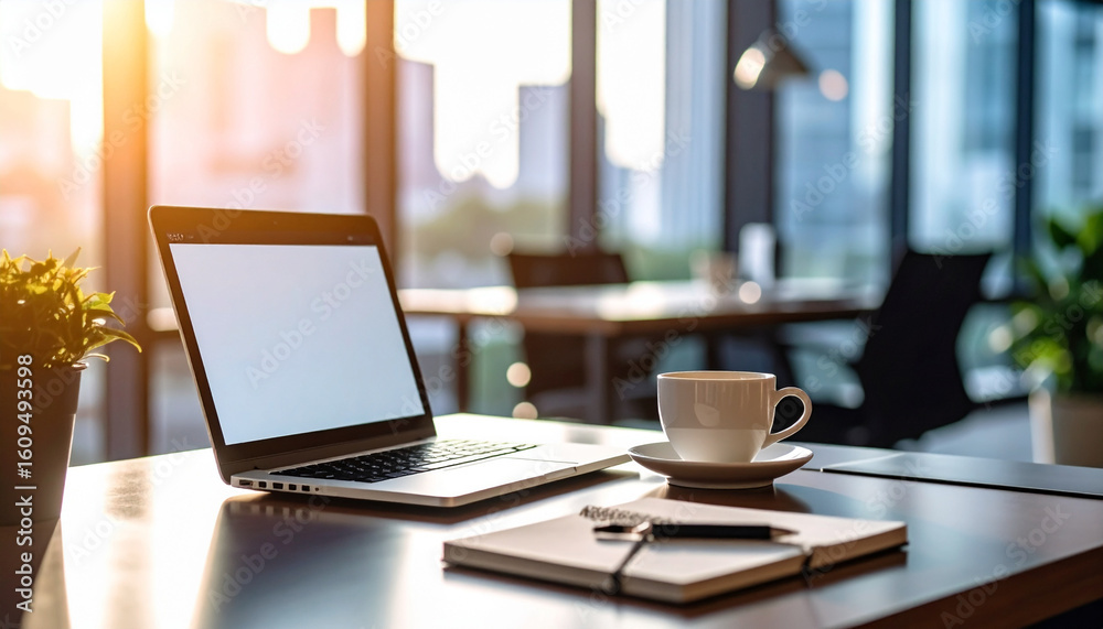Fototapeta premium Laptop, notebook and coffee cup on editor’s desk