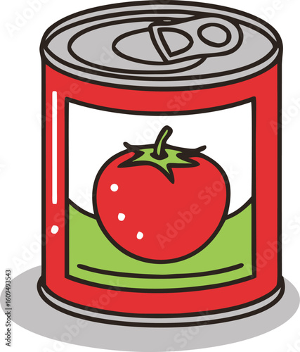 Red tin can with tomato and green label food
